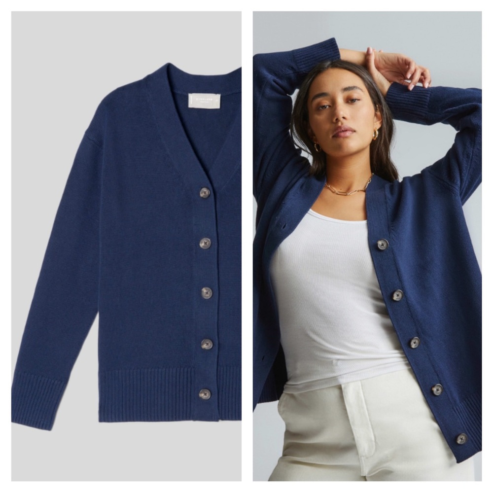 NEW EVERLANE Organic Cotton Cardigan Sweater XXS 00 Navy Blue